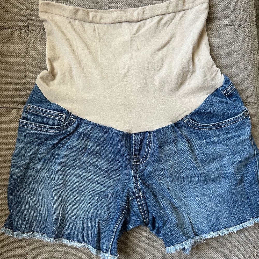 Indigo Blue Denim Maternity Shorts with Cream Waist Panel